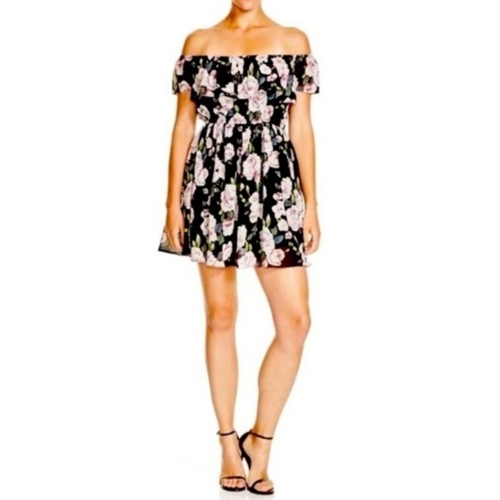 Black Off-the-Shoulder Dress with Pink Blooms - NWT